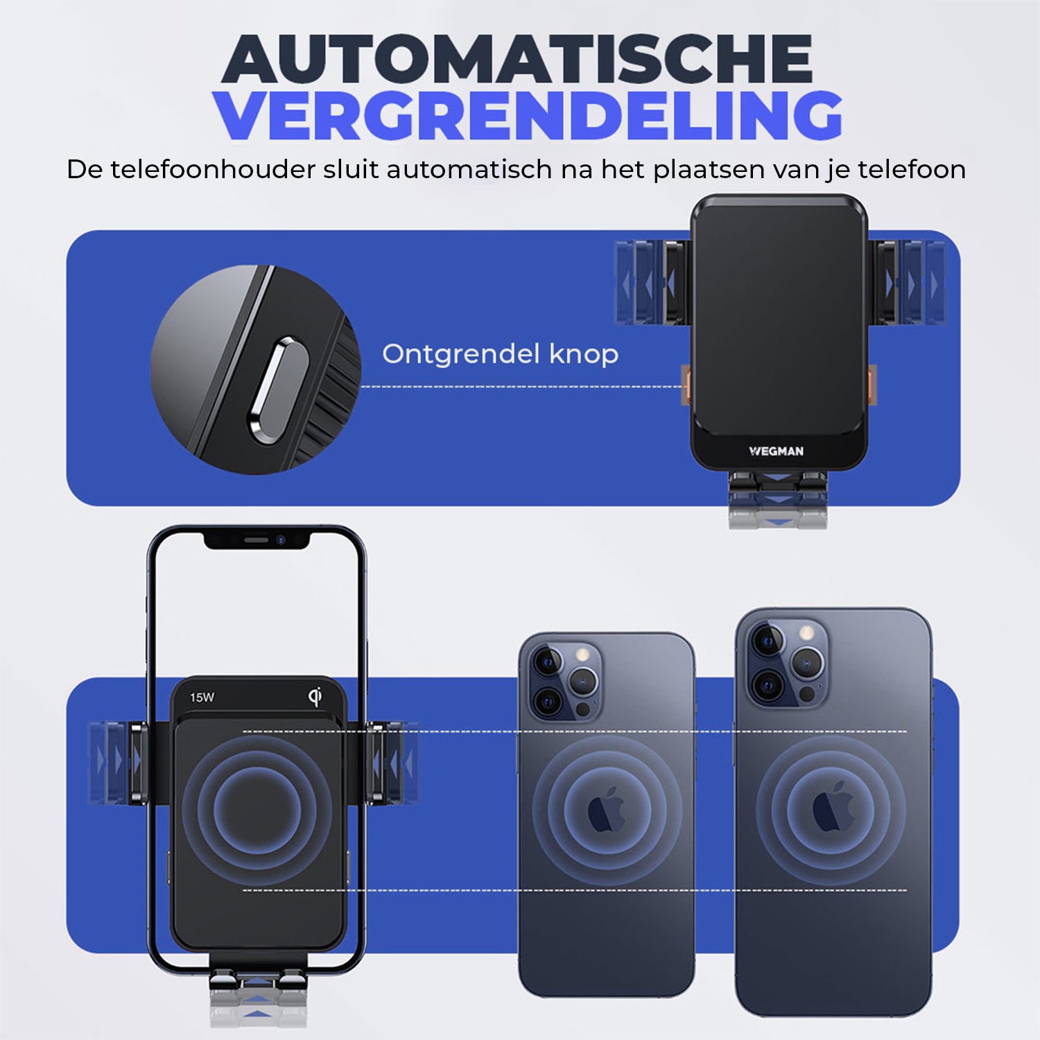 Telefoon automatisch geklemd in Wegman houder met draadloze oplader
