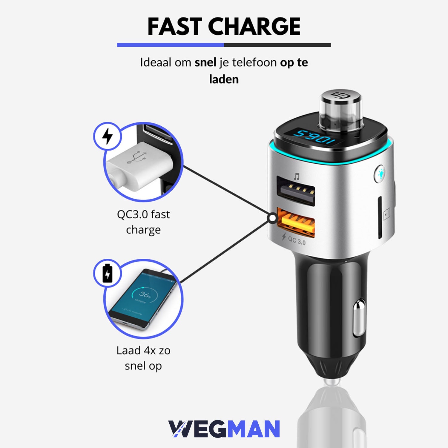 Autolader om snel je telefoon op te laden in de auto