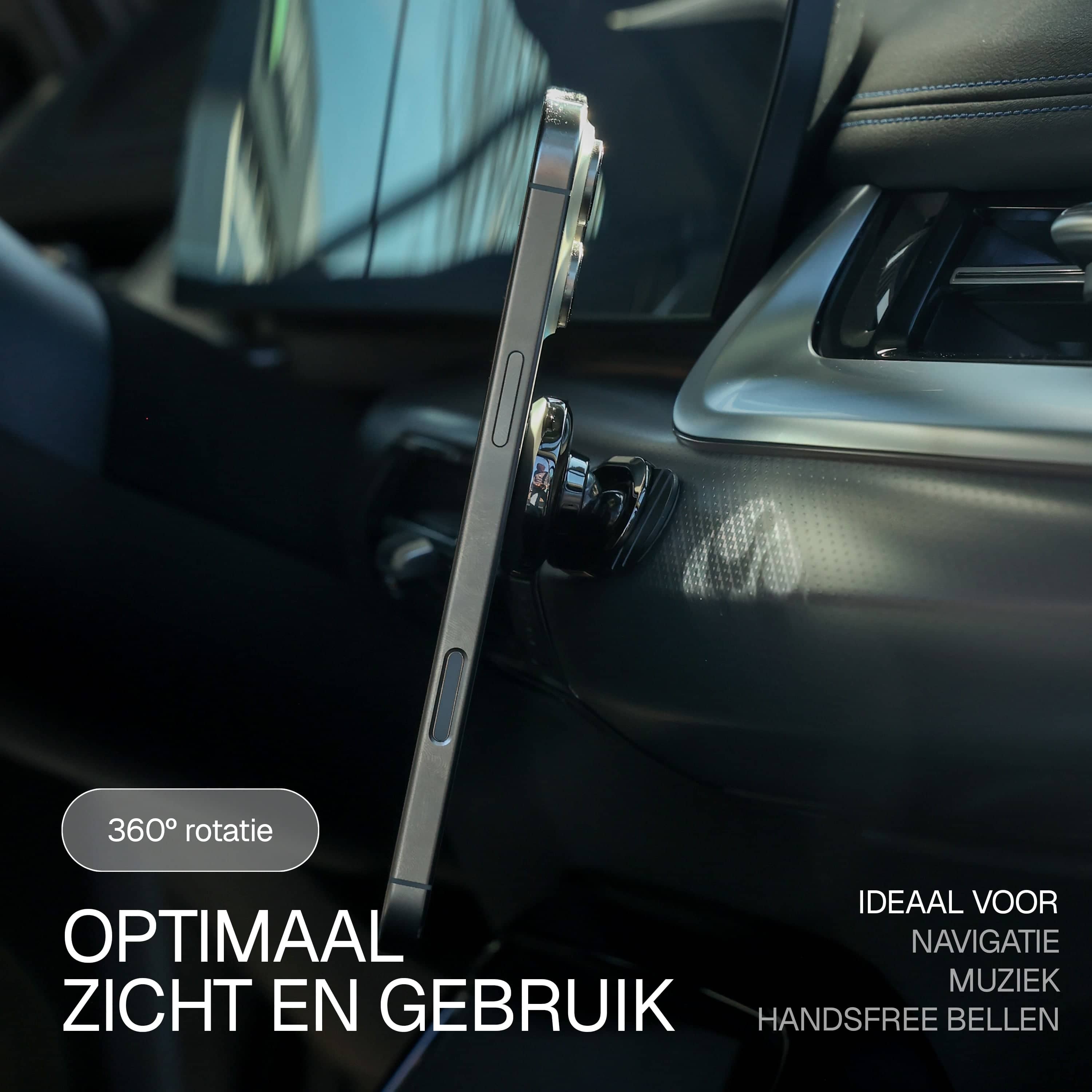 Telefoon bevestigd op Wegman magnetische houder tijdens autorit