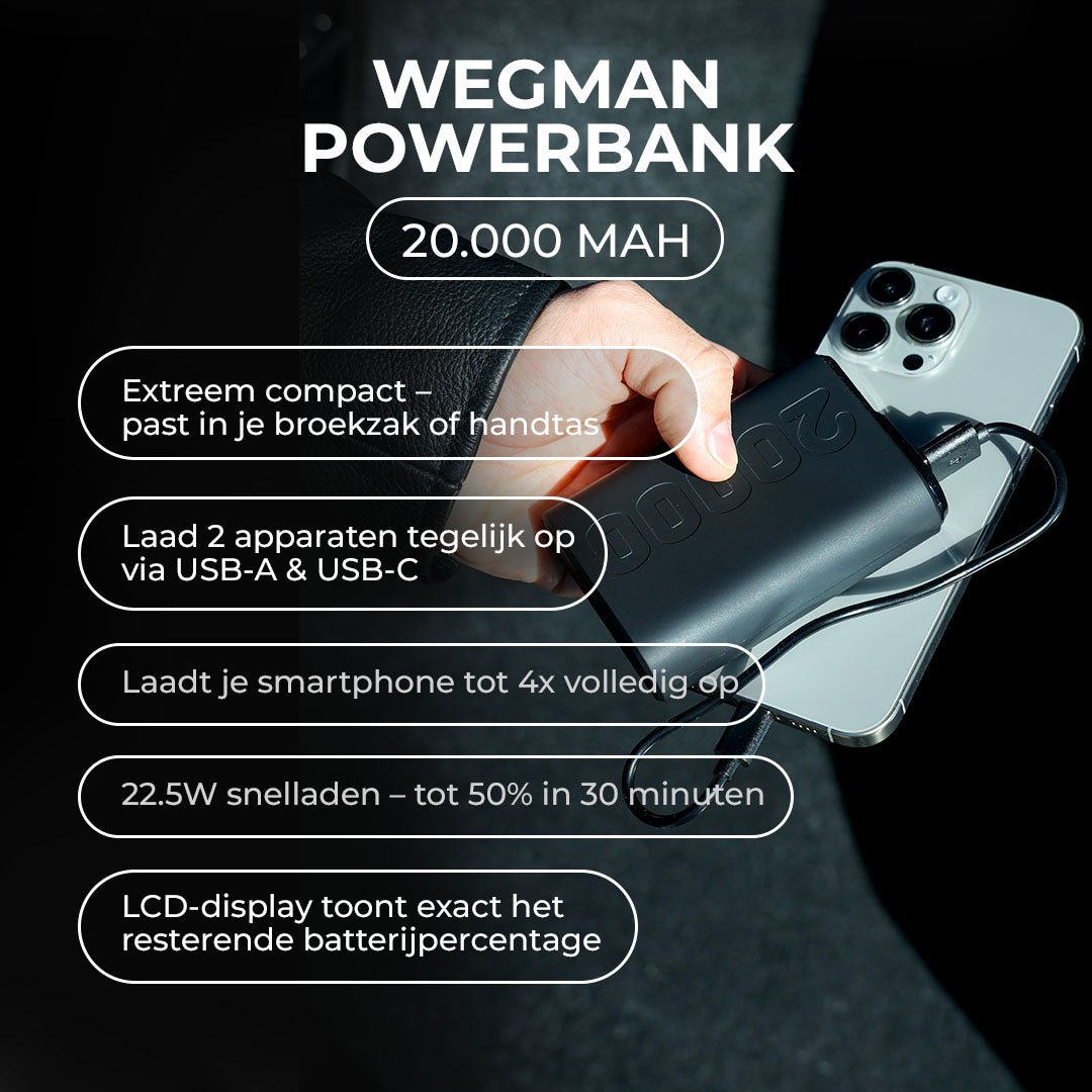 Powerbank 20.000mAh op tafel – lichtgewicht en compact formaat