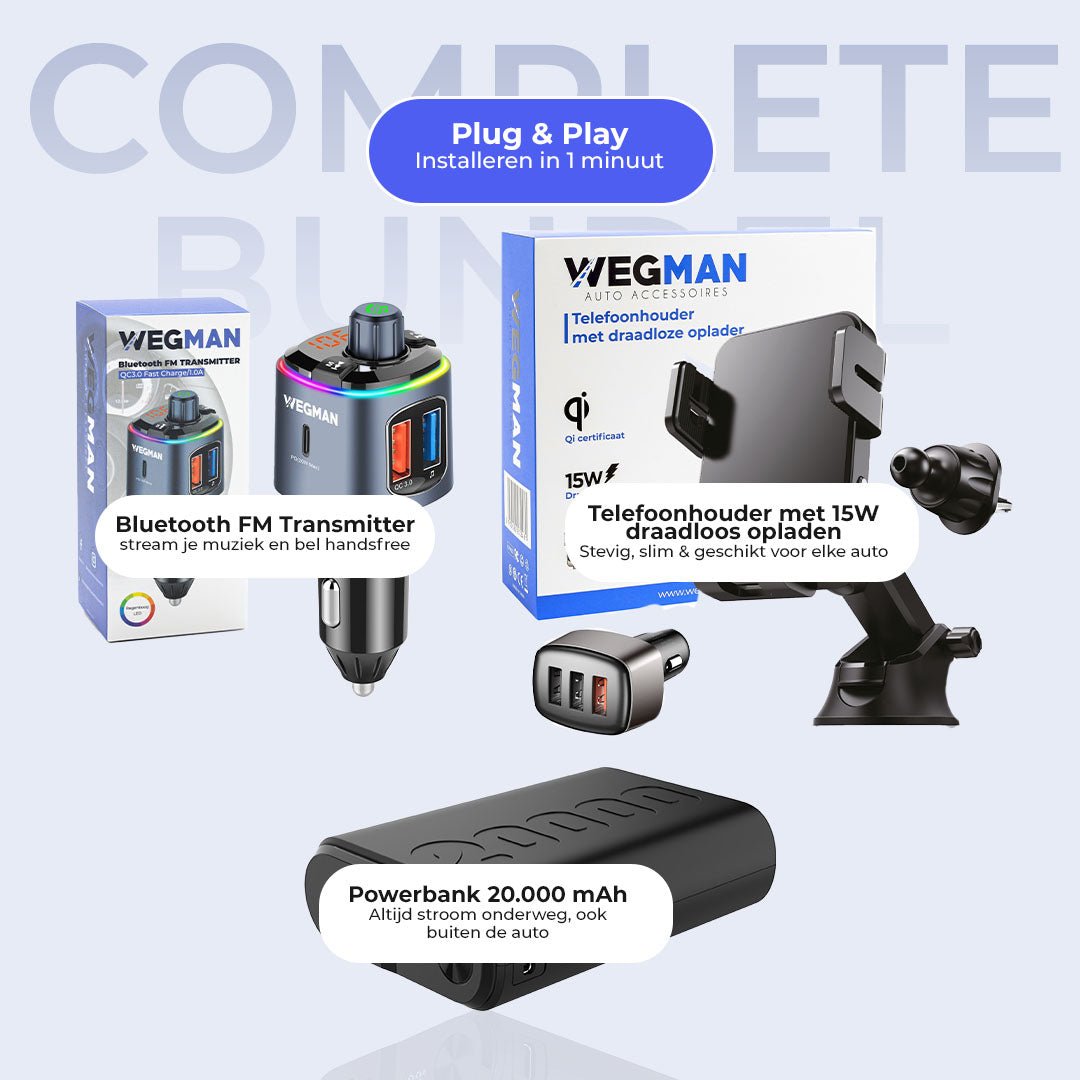 Wegman Roadtrip Essentials Pakket - Telefoonhouder met Draadloze Oplader + Bluetooth FM Transmitter + Powerbank 20.000 mAh