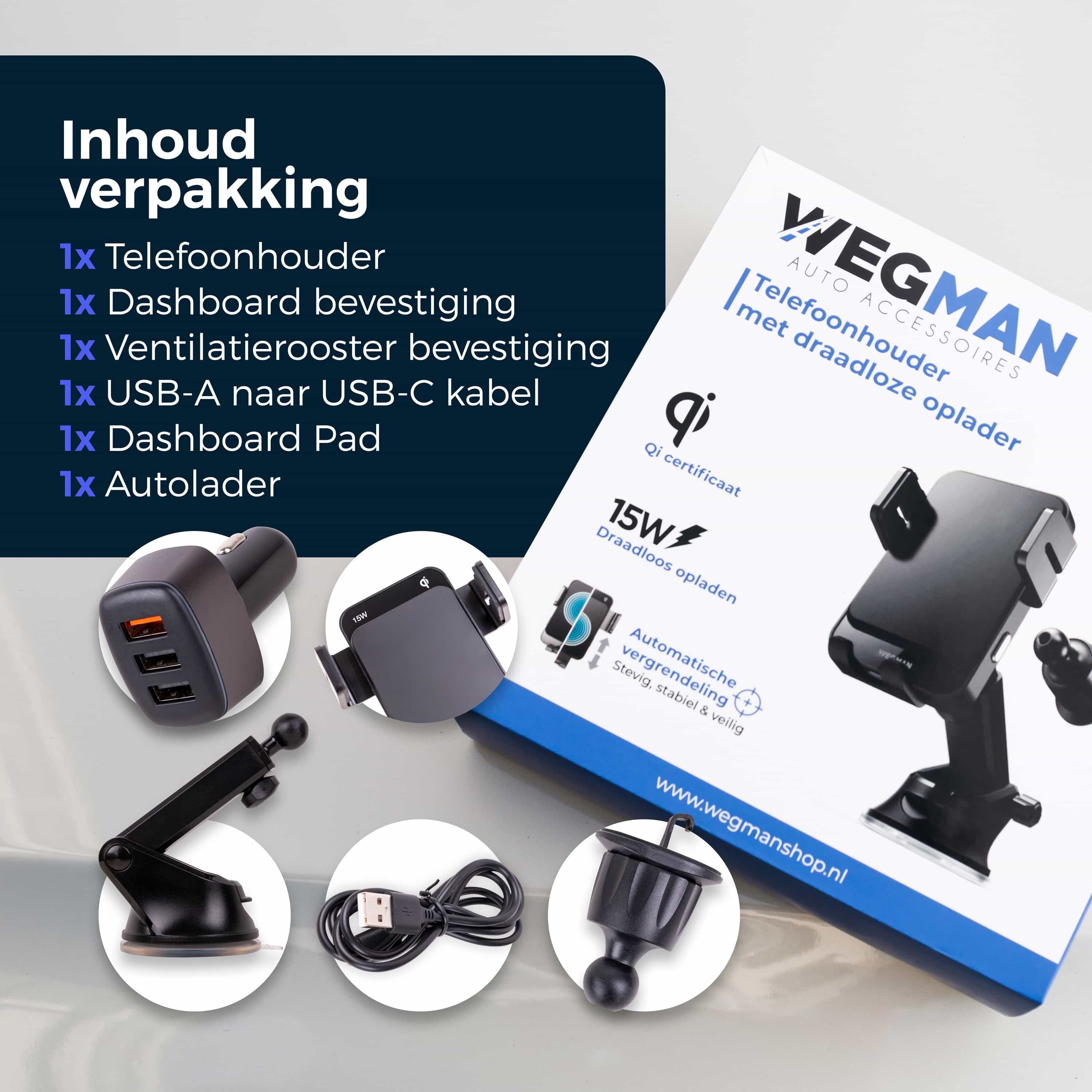 Verpakking van Wegman QI houder met autolader en USB-C kabel