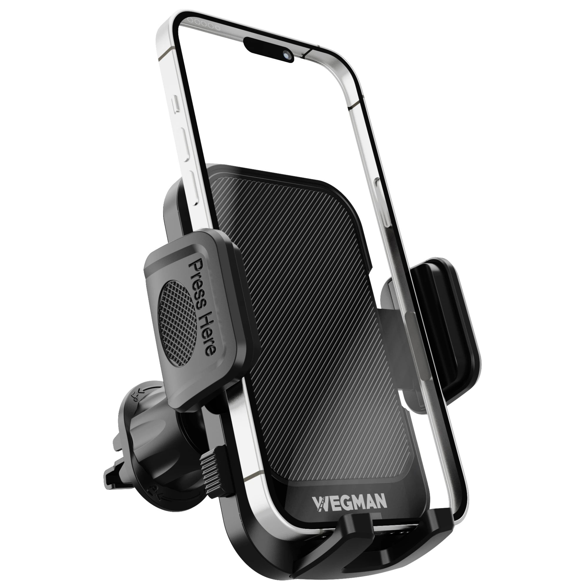 Wegman gsm houder auto ventilatierooster klem met smartphone – productfoto witte achtergrond