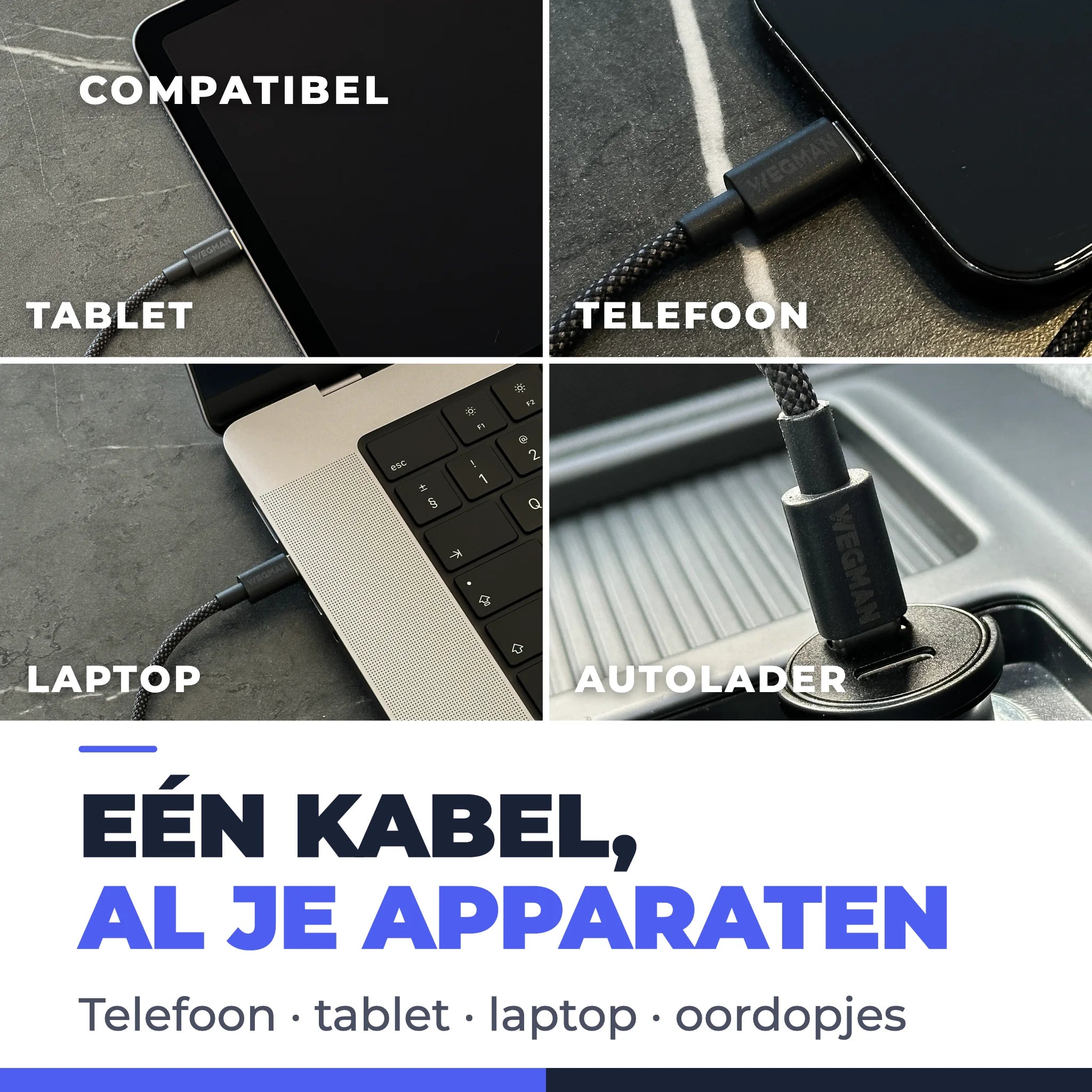 Dezelfde Wegman USB-C kabel in gebruik bij een laptop, tablet en telefoon