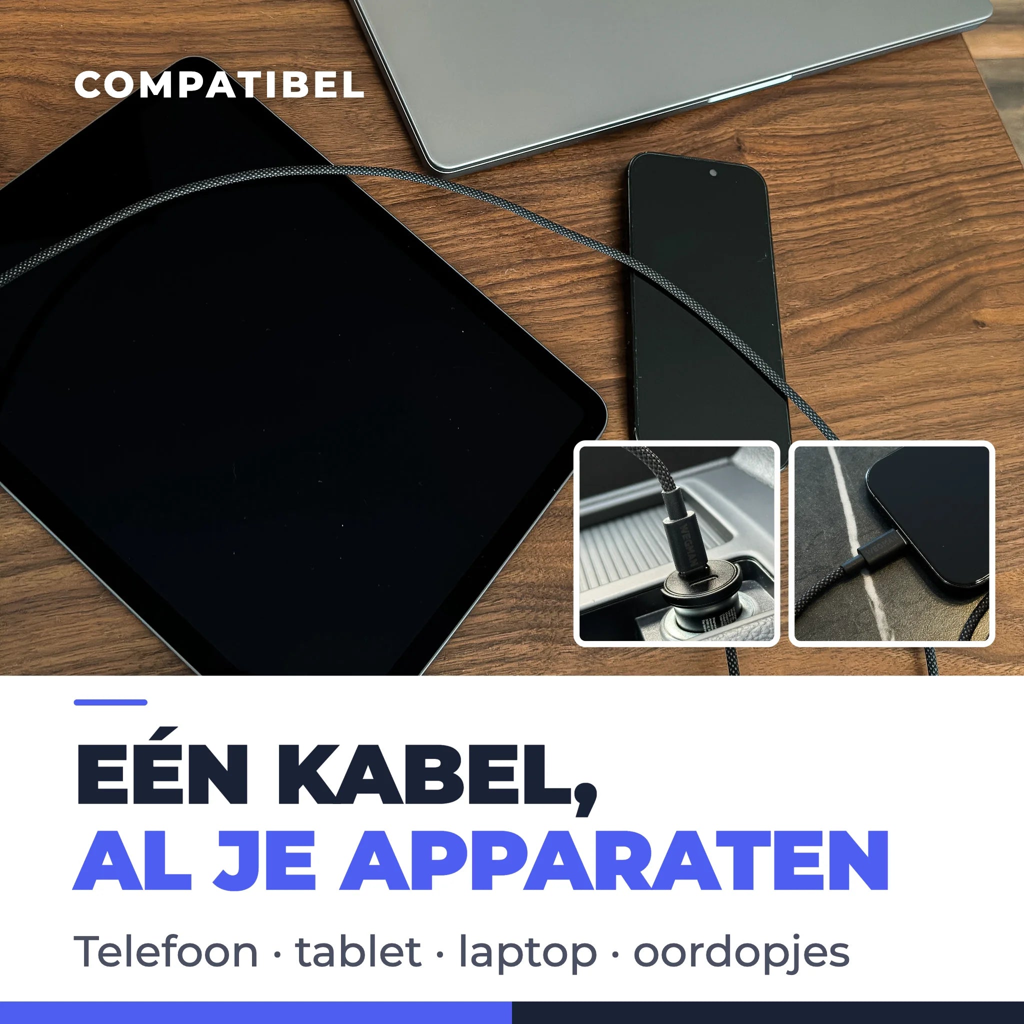 Dezelfde Wegman USB-C kabel in gebruik bij een laptop, tablet en telefoon
