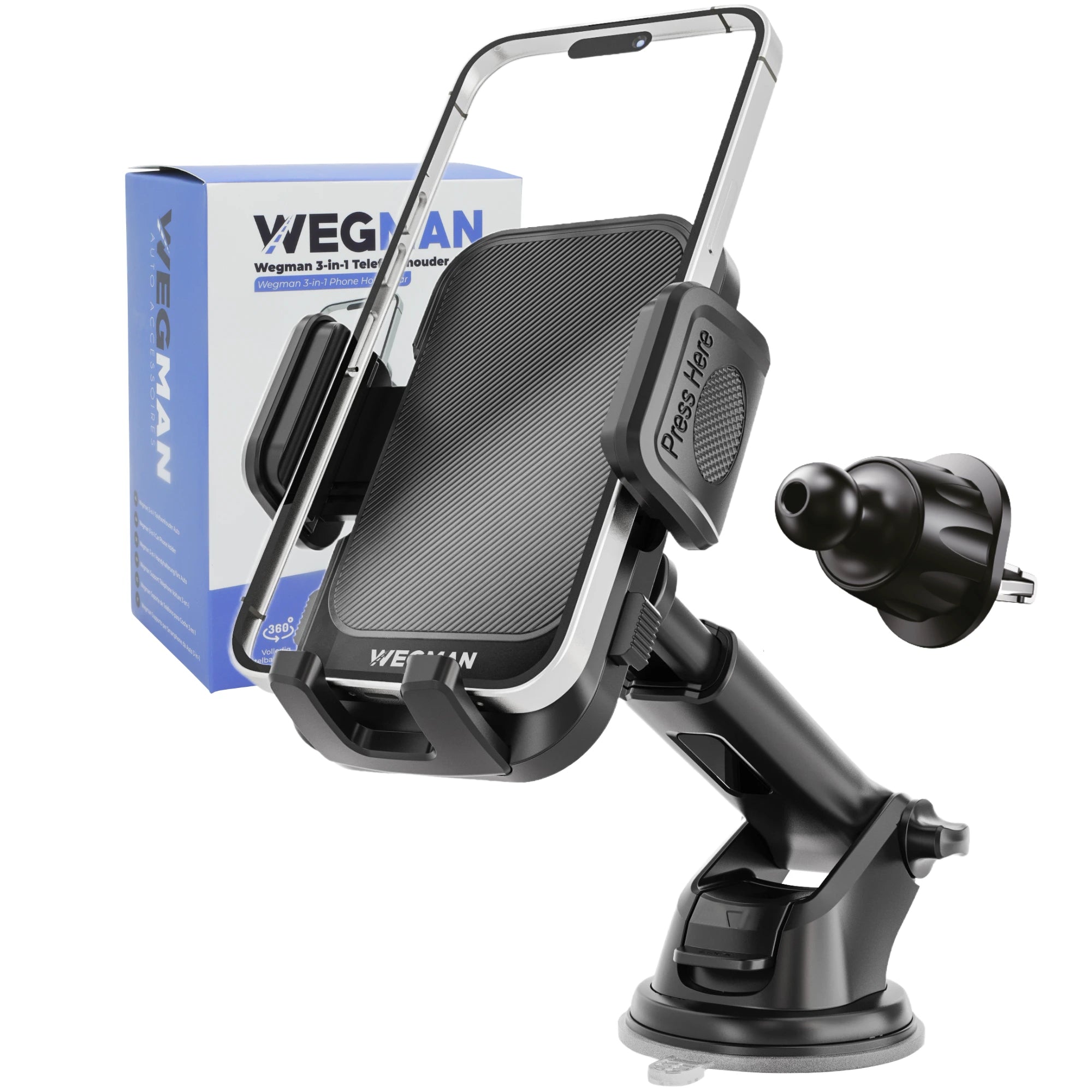 Wegman 3-in-1 telefoonhouder auto productfoto met zuignap arm en ventilatierooster klem