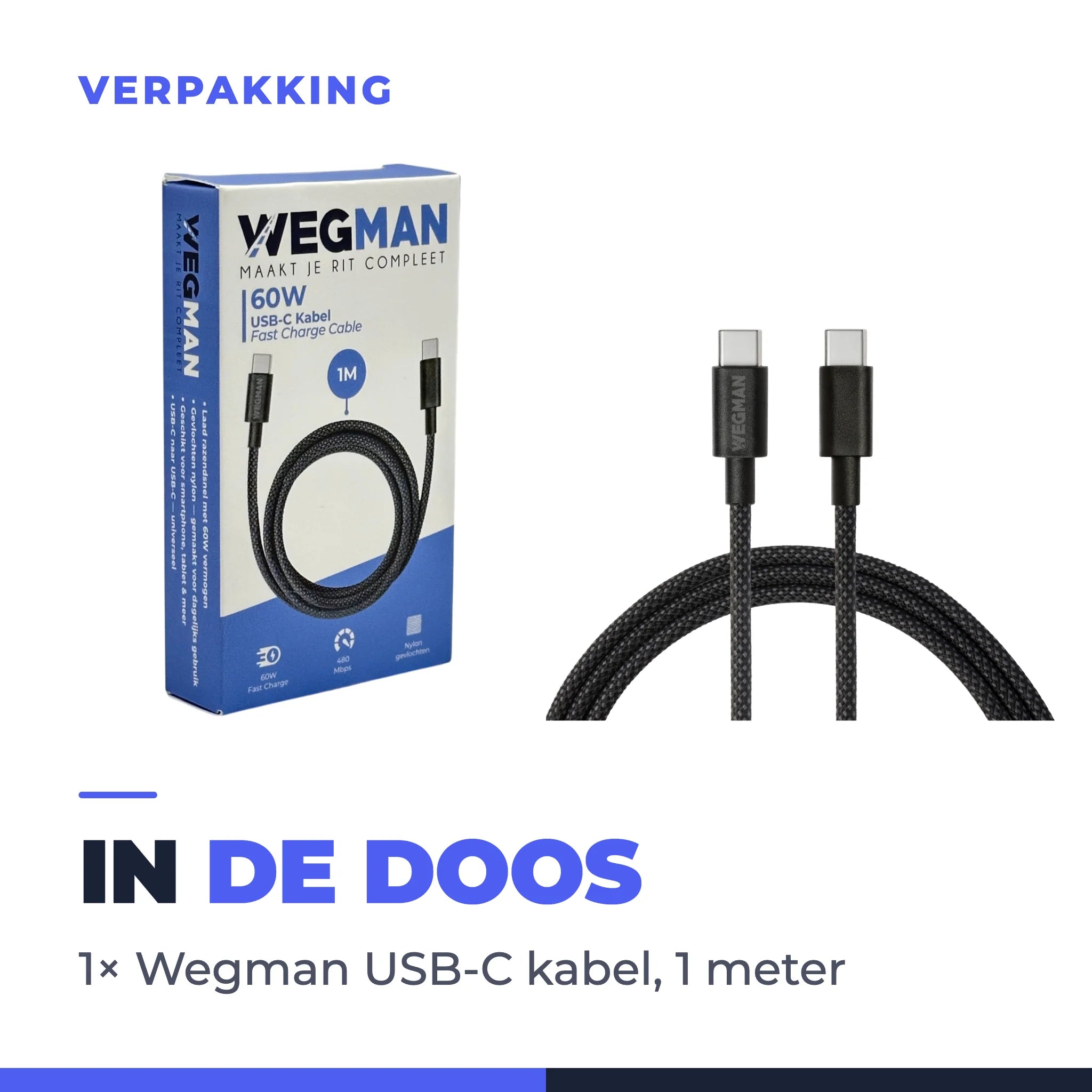De Wegman USB-C kabel naast de retailverpakking waarin hij geleverd wordt